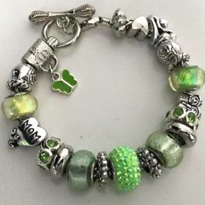 European Style Charm Bracelet with Beads, 7.9" Long, Toggle Clasp + Stopper